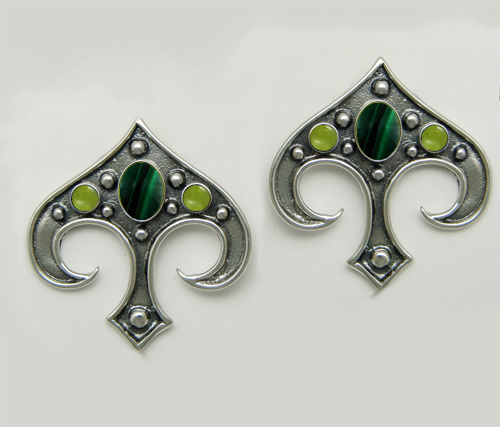 Sterling Silver Gothic Inspired Drop Dangle Earrings With Malachite And Peridot